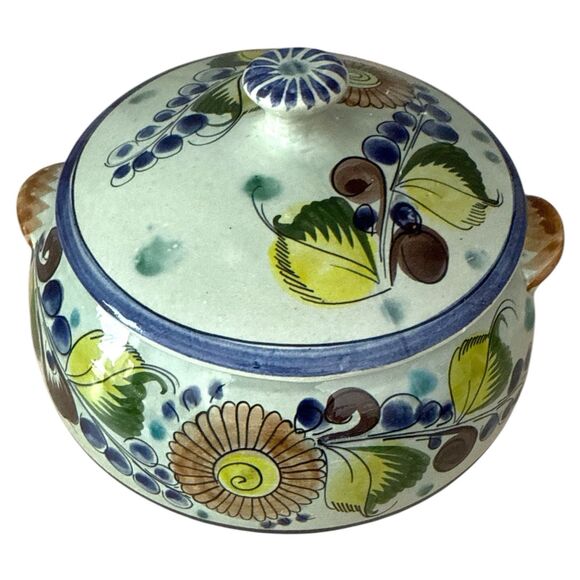 CAT Tonalá 359 Hand-Painted Mexican Pottery Covered Dish – Green Blue Yellow - Picture 2 of 9